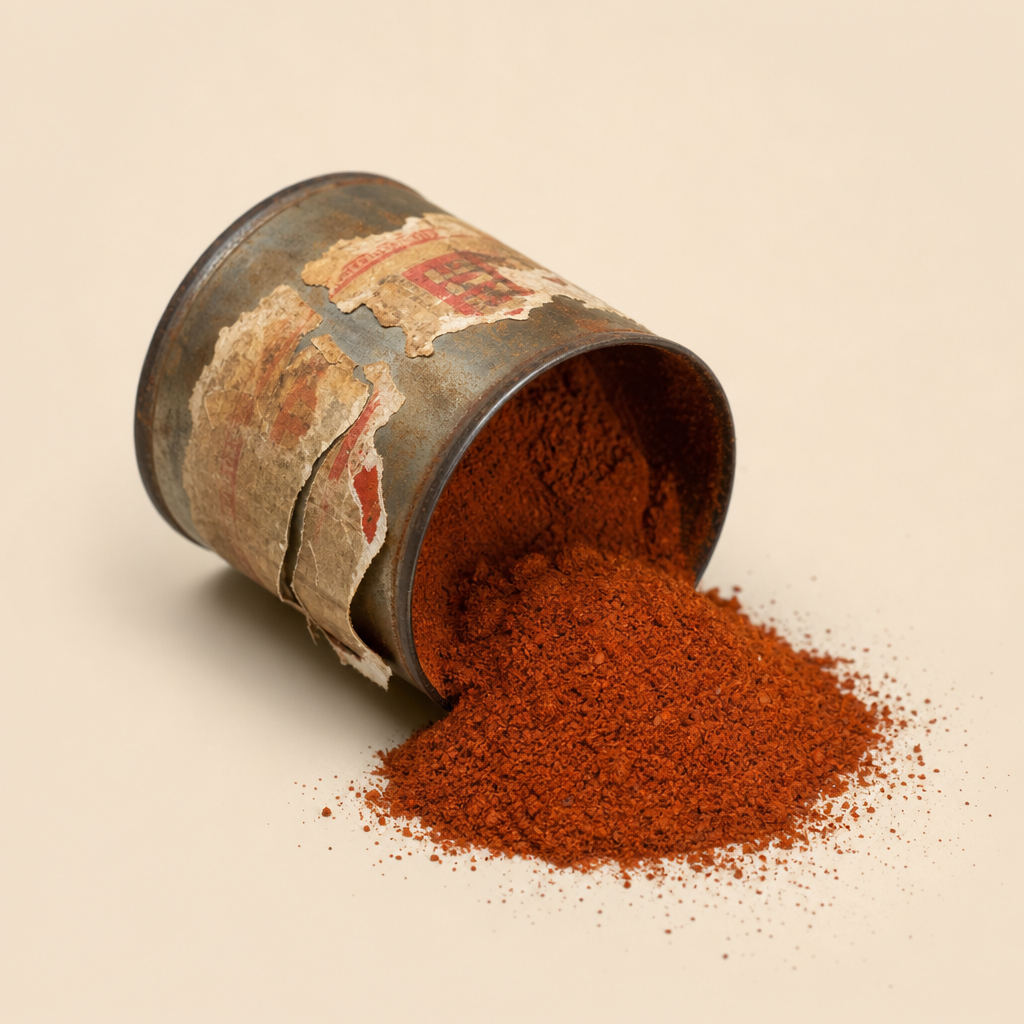 An old, rusty spice tin with a torn label lies on its side, spilling red powder onto a plain surface, representing food safety crises in Iloilo and Manila.