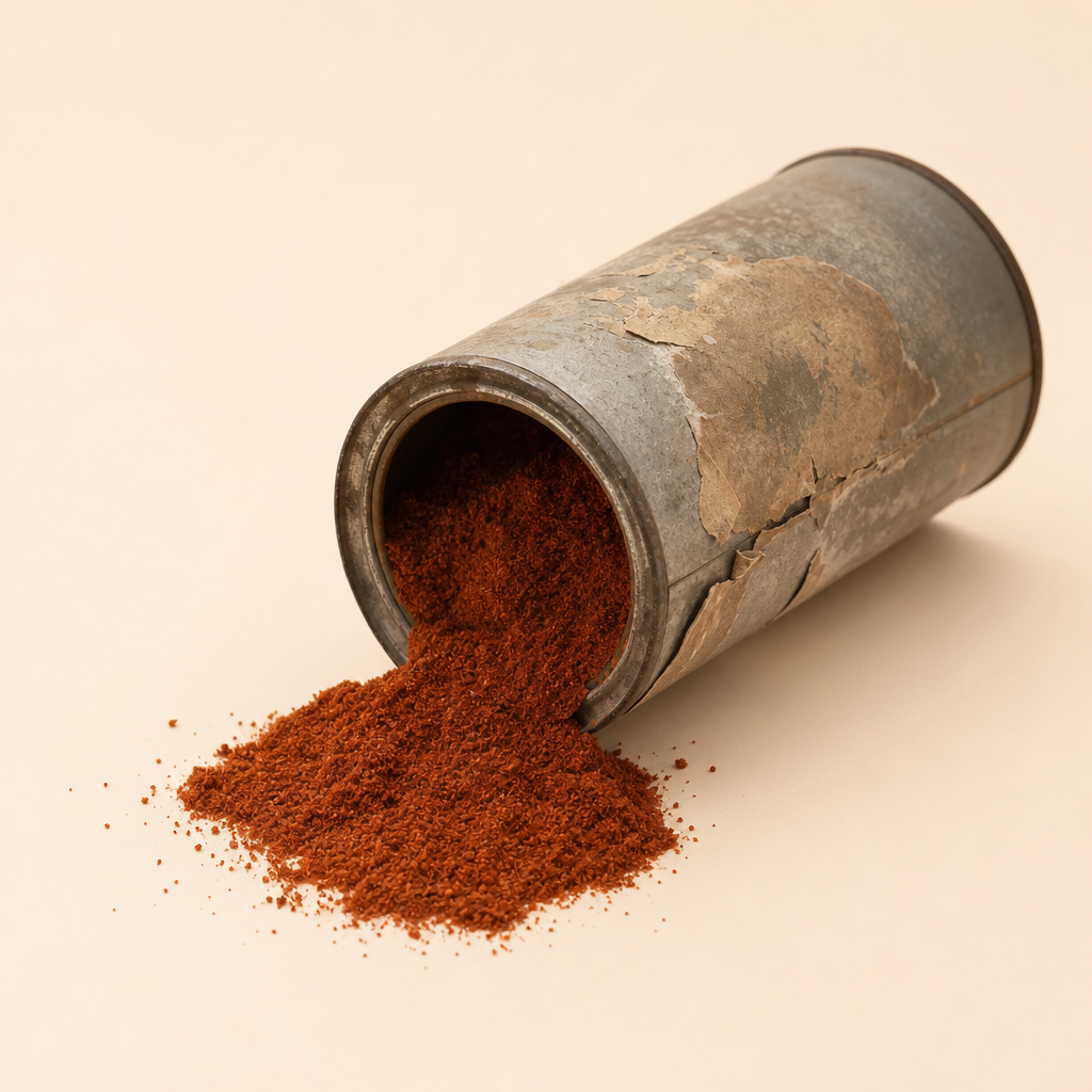 A weathered metal canister with peeling paint lies on its side, spilling a pile of reddish-brown powder onto a plain surface, symbolizing food and supply issues related to earthquake relief dominates Philippine F&B talk.