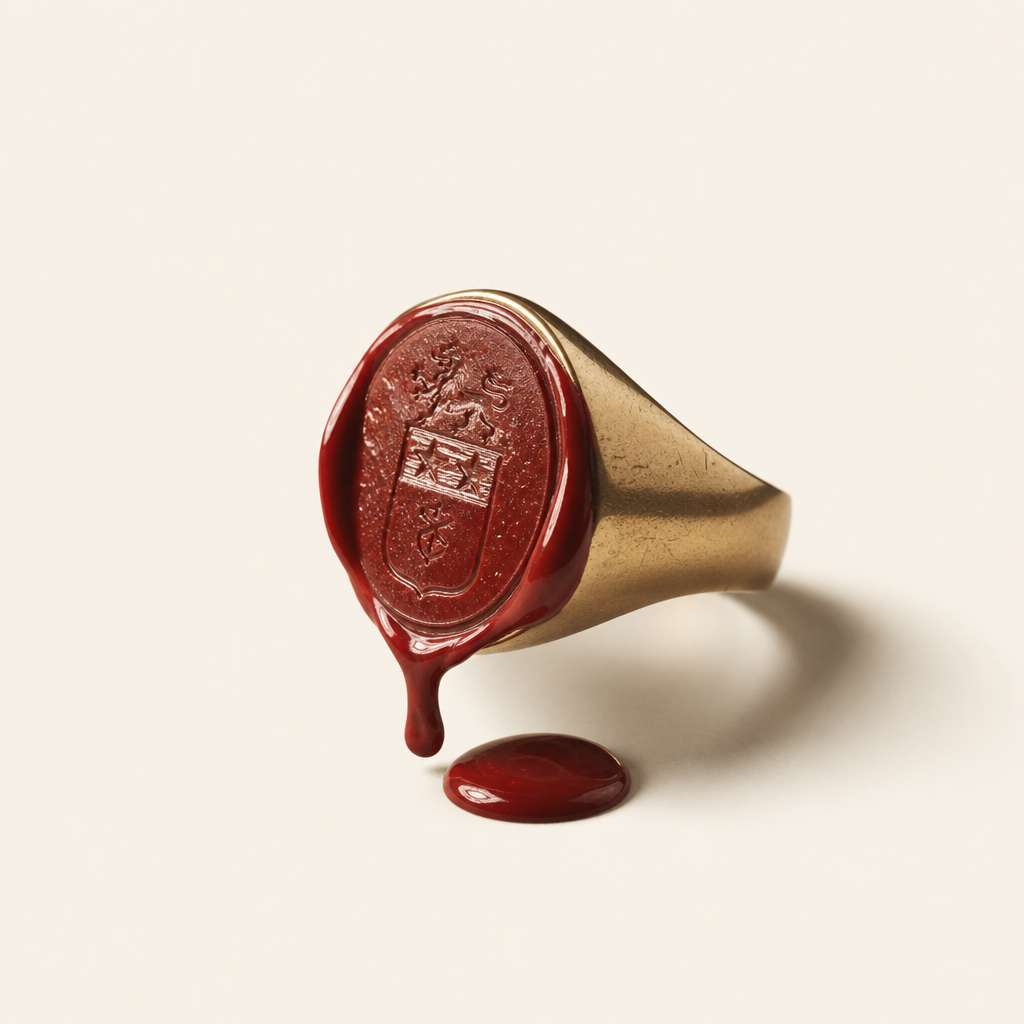 A gold signet ring with a red wax seal, featuring a crest and a lion, is melting and dripping onto a light surface, symbolizing corruption and eroding public trust.