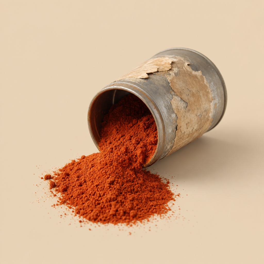 A weathered metal container with peeling paint lies on its side, spilling a heap of reddish-brown powder onto a beige surface, representing food brands were quiet, with only minor inflation and gig work signals emerging on Reddit.