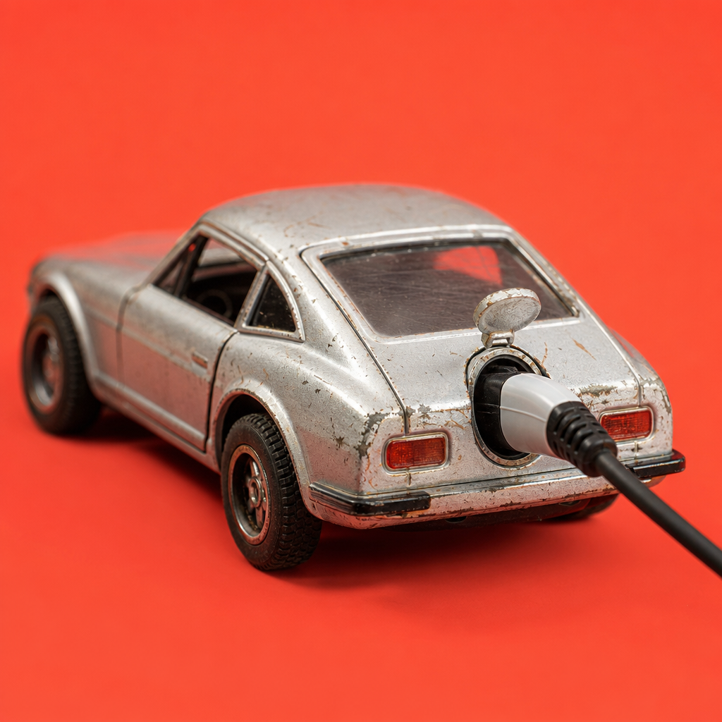A toy silver car is shown being charged with an electric vehicle charging cable against a bright red background, representing Philippine transport buzz: LTO lifetime driving ban, bus suspensions after fatal crash, EV launches, muffler memo debate, road safety, and corruption issues.