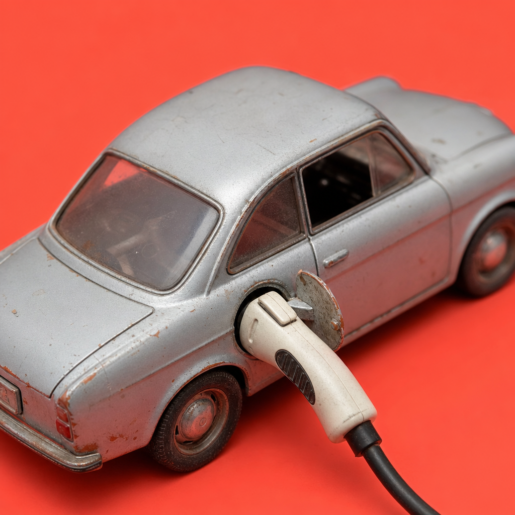 A toy car is shown being charged with an electric vehicle plug against a bright red background, symbolizing issues related to Philippine road crashes, driver accountability, LTO crackdowns, and economic pressures on riders.
