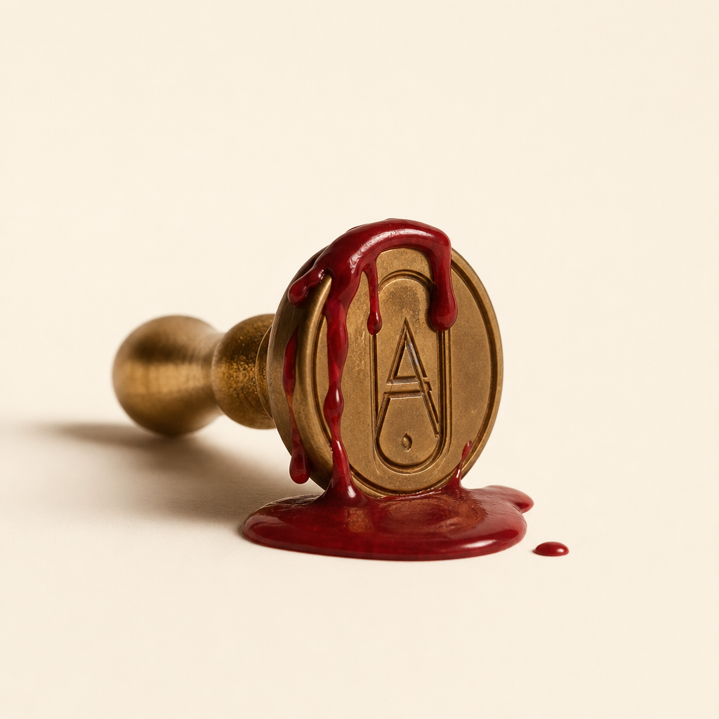 A brass wax seal stamp with a stylized letter "A" lies on its side, covered in melted red wax, symbolizing official proceedings and controversy as Senate leadership crisis ends, impeachment trial prep begins, public doubts fairness.