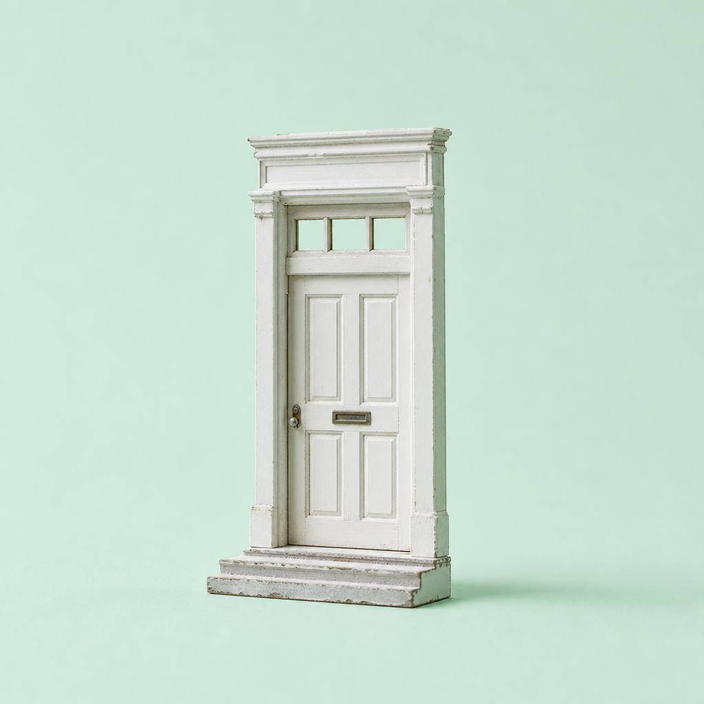 A white miniature door with a mail slot and steps stands alone against a light green background, symbolizing Philippine real estate on June 12, 2026: low engagement, but key signals in housing relief, land title awards, eco-tourism, and regional stability in Cavite.