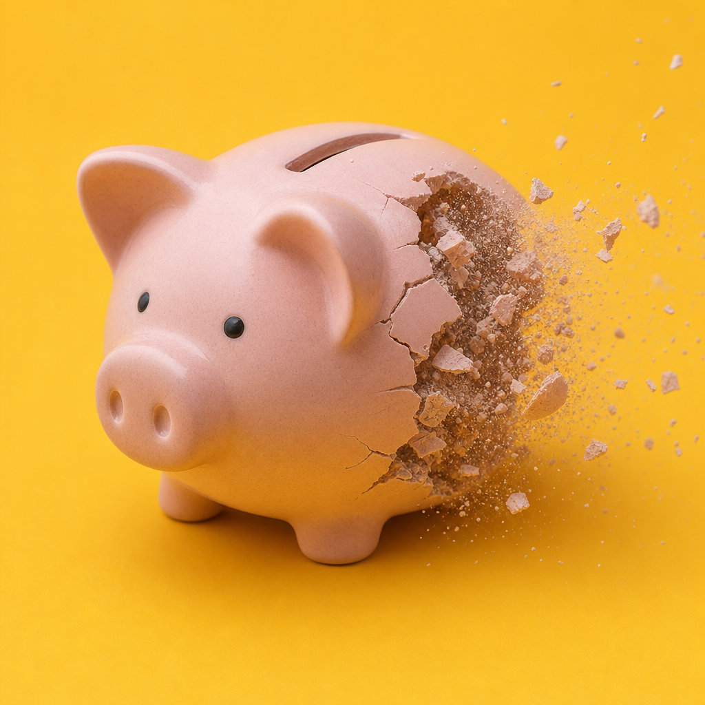 A pink piggy bank is shown breaking apart with pieces flying off, symbolizing fragility, against a bright yellow background, representing a major BPI outage sparks trust concerns in Philippine digital banking.