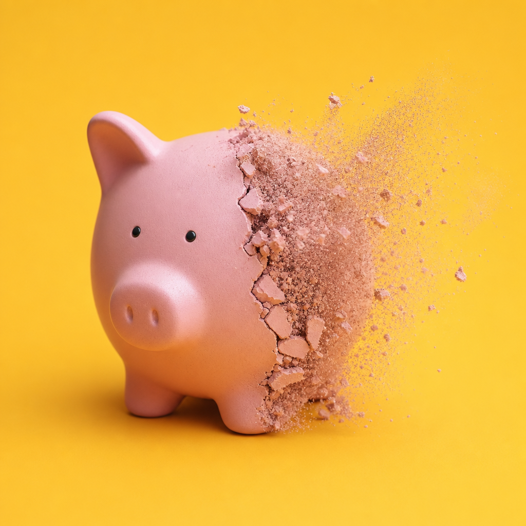 A pink piggy bank with its right side disintegrating into dust against a yellow background, symbolizing Philippine digital banking users voice frustration over app outages, refund limits, and investment confusion.