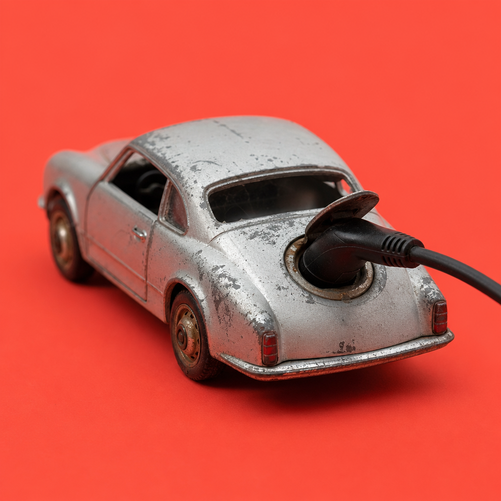 A toy silver car with a charging cable plugged into its rear, symbolizing EV growth at PIMS 2026, on a bright red background.