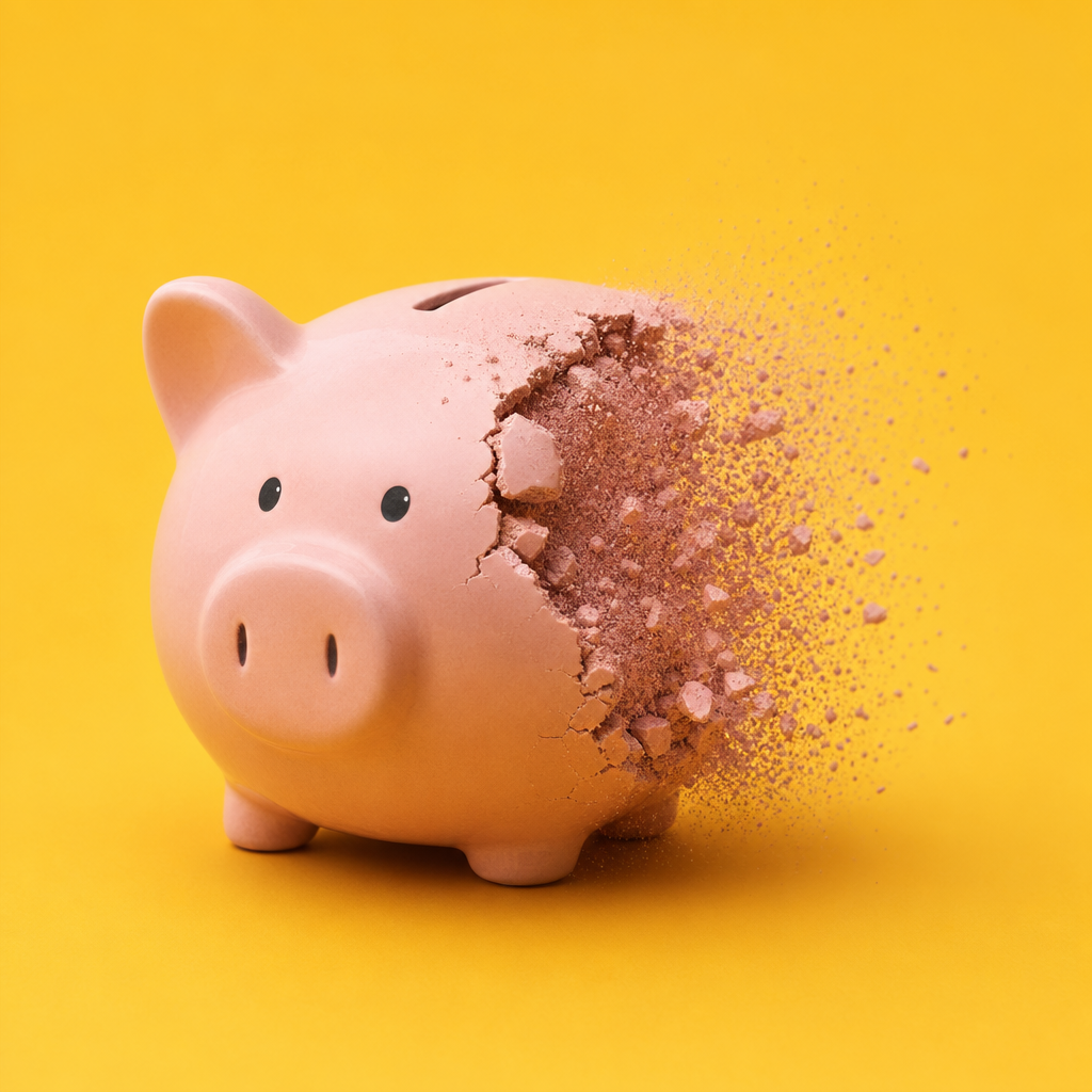A pink piggy bank is shown against a yellow background, with one side disintegrating into dust, symbolizing instability and loss, representing Philippine digital banking faces trust issues.