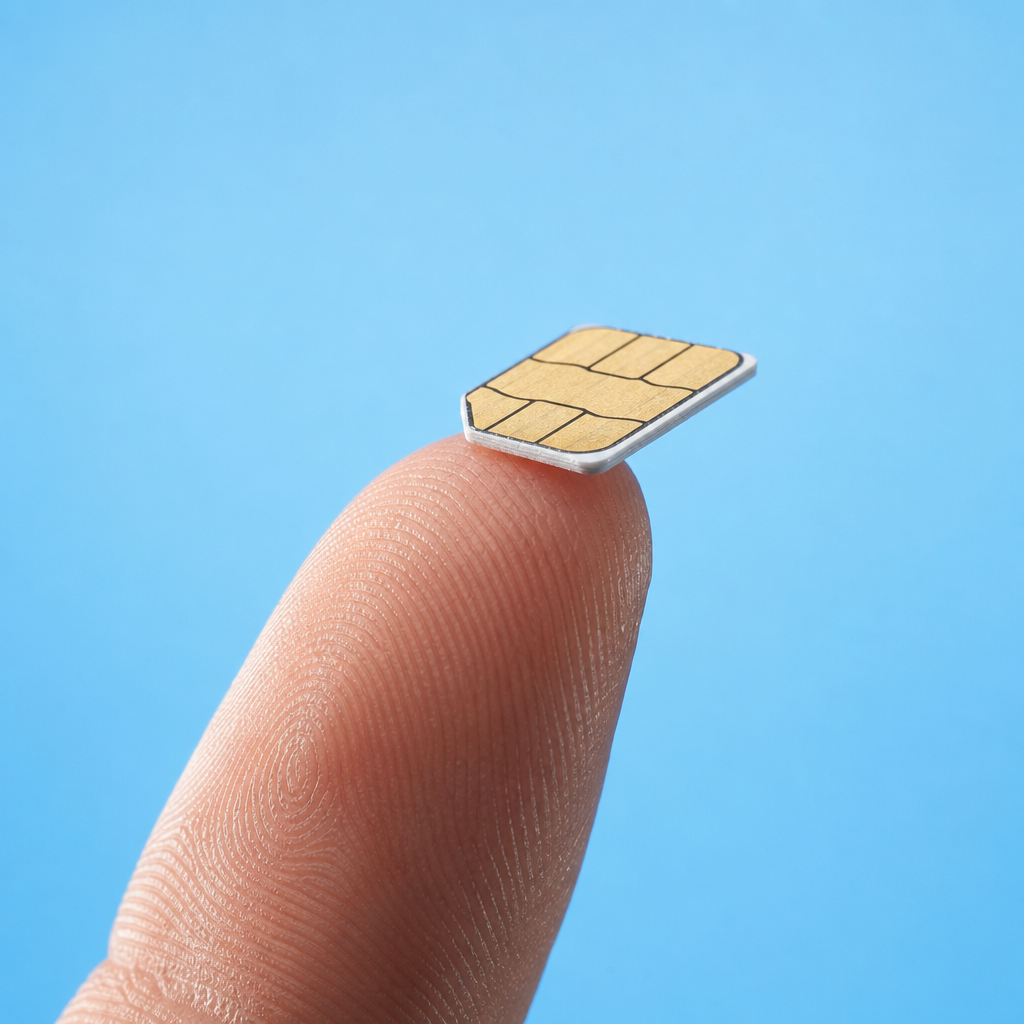 A close-up of a SIM card balanced on the tip of a finger against a blue background, representing Philippine telco talk on June 12, 2026.