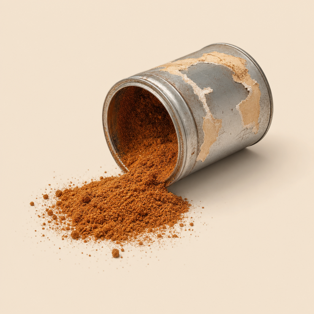 A worn, partially empty metal canister with peeling paint lies on its side, spilling a small amount of brown powder onto a plain surface, visually representing shrinkflation concerns.