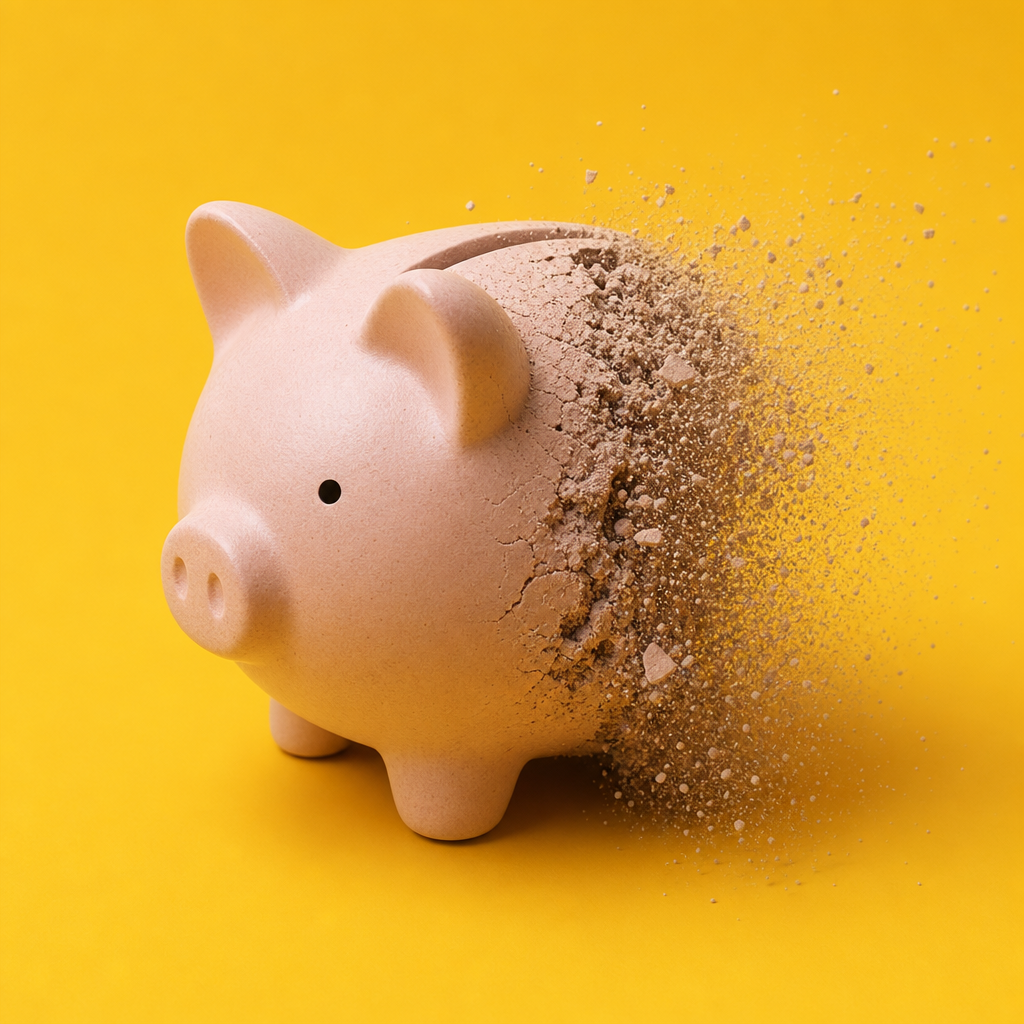 A piggy bank disintegrates into dust against a yellow background, symbolizing eroding trust in Philippine digital finance.