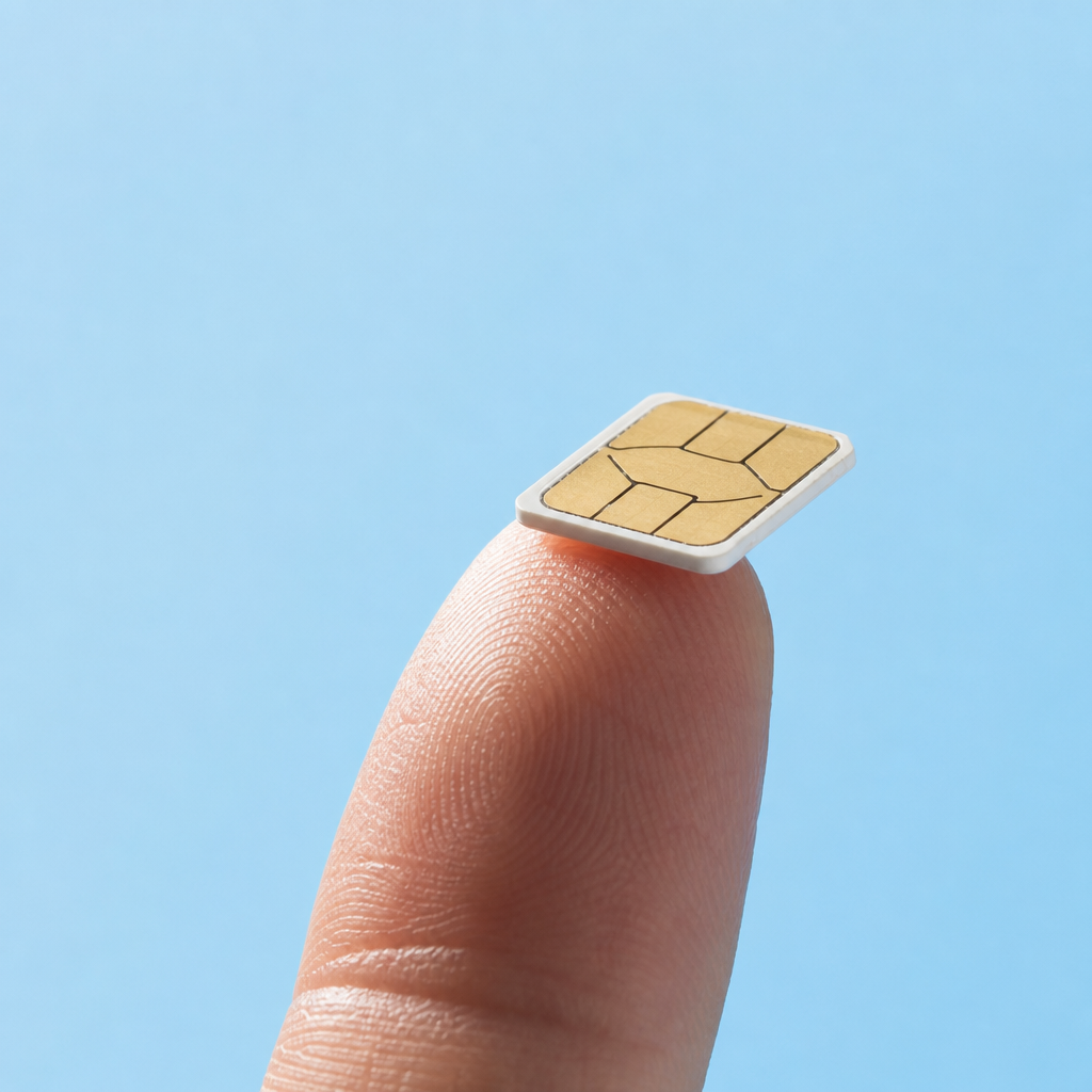 A close-up of a SIM card balanced on the tip of a finger against a blue background, representing Filipino telco users vent frustration over data caps, outages, and scams.