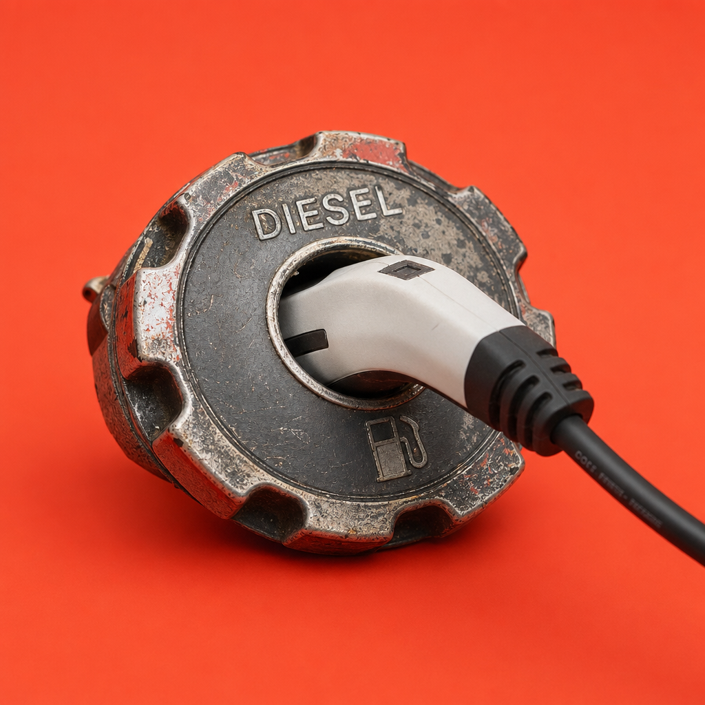 A close-up of an old, weathered diesel fuel cap with an electric vehicle charging plug inserted into it, symbolizing the shift in Philippine auto talk to LTO’s license crackdown, fatal motorcycle crashes, law enforcement conduct, and rising calls for road safety and service accountability.