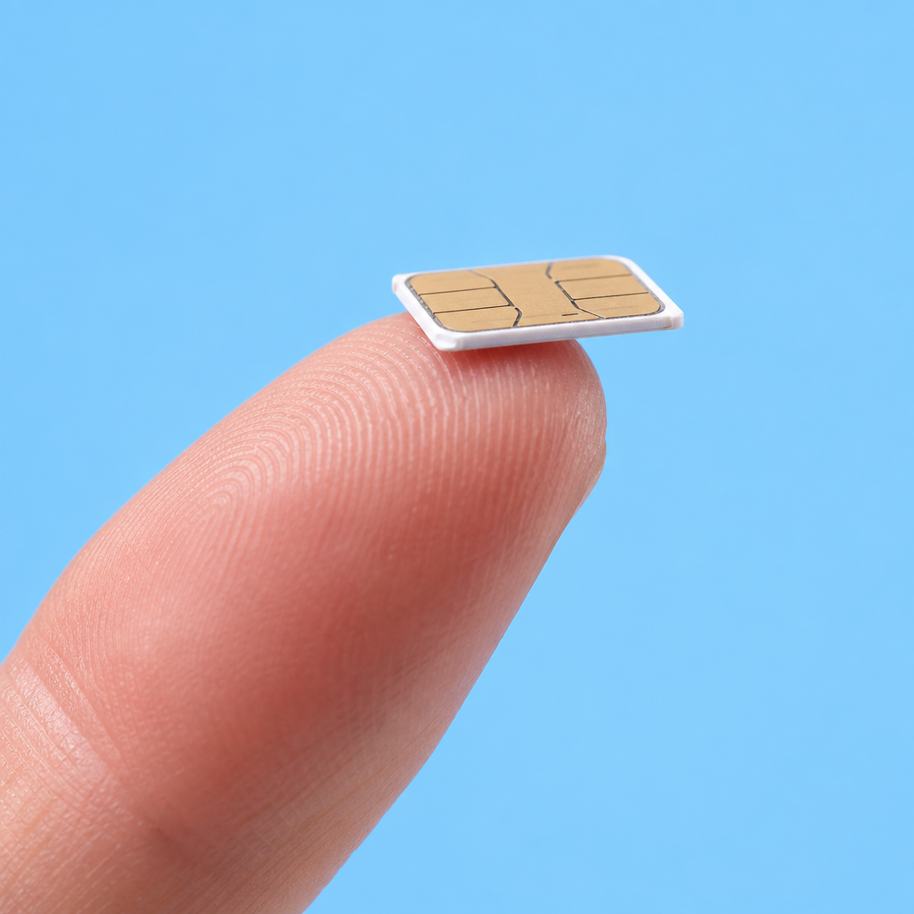 A close-up of a fingertip holding a SIM card against a blue background, symbolizing Philippine digital transformation faces opportunity and risk.
