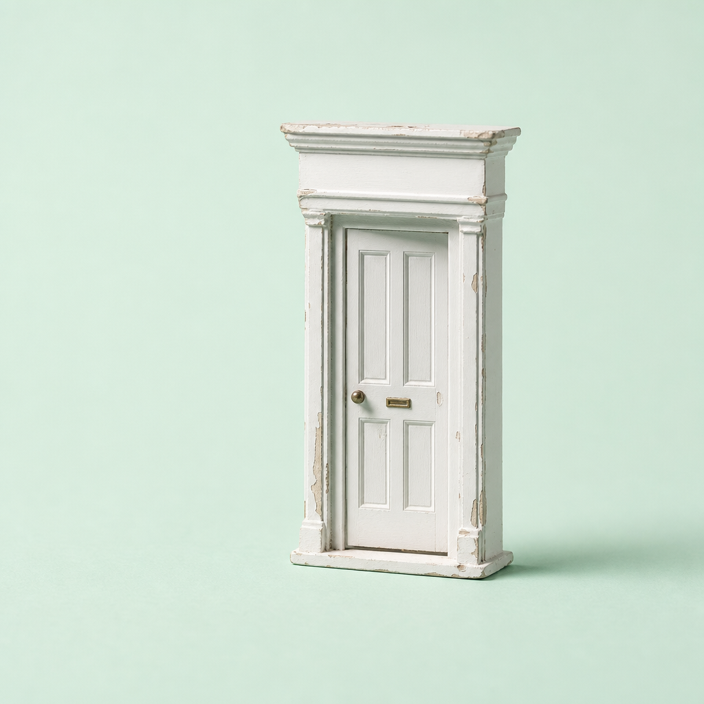 A small, white, vintage-style door with a mail slot and brass doorknob stands upright against a pale green background, symbolizing opportunities and challenges in Philippine real estate.