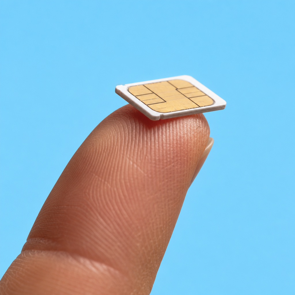A close-up of a hand holding a SIM card on the tip of a finger, representing consumer frustrations over SIM deactivation, data plan limits, and payment issues with Philippine telcos.