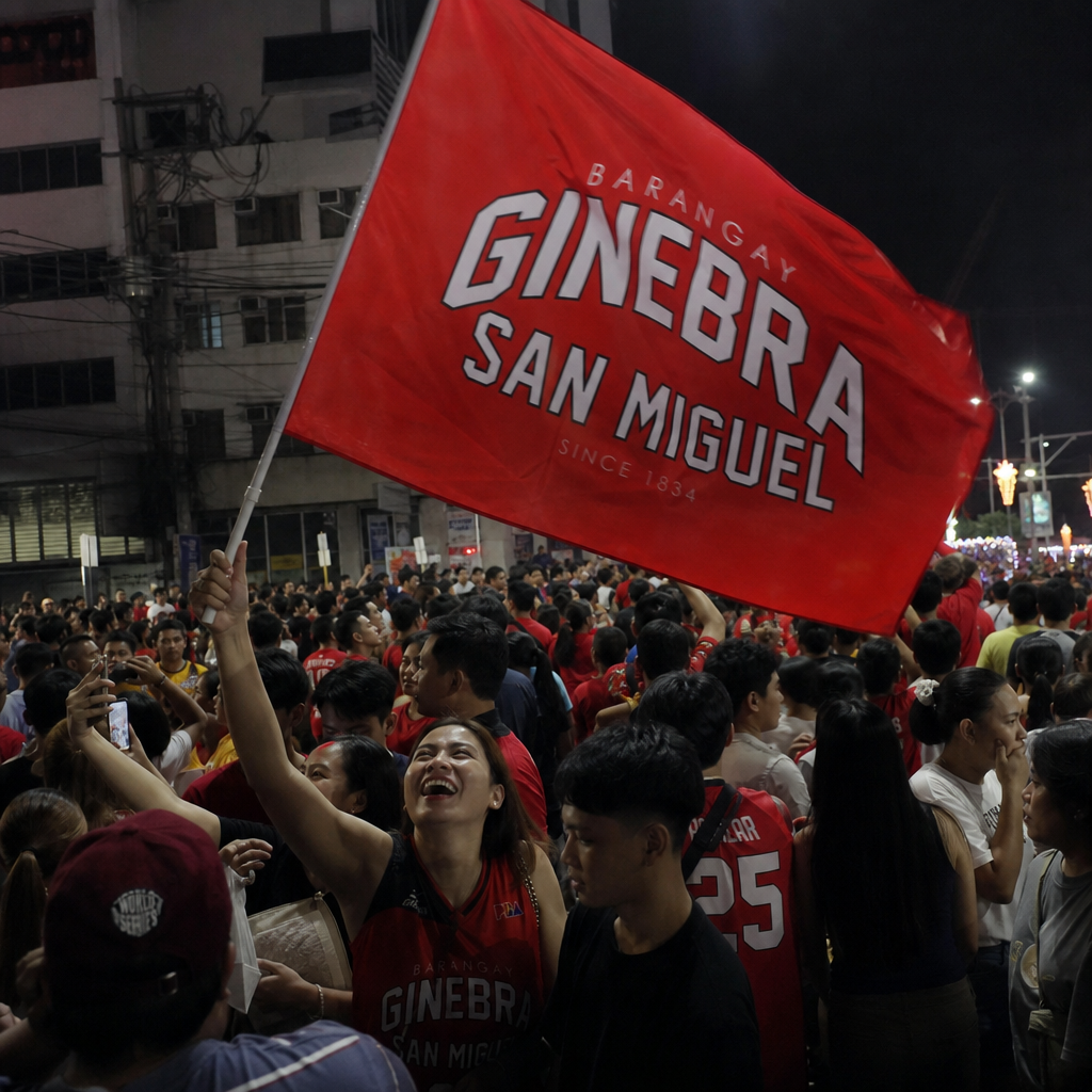 A joyful crowd of Barangay Ginebra San Miguel fans celebrates in the street at night, with a woman waving a large red Ginebra flag, capturing the national joy sparked by Ginebra’s PBA win.