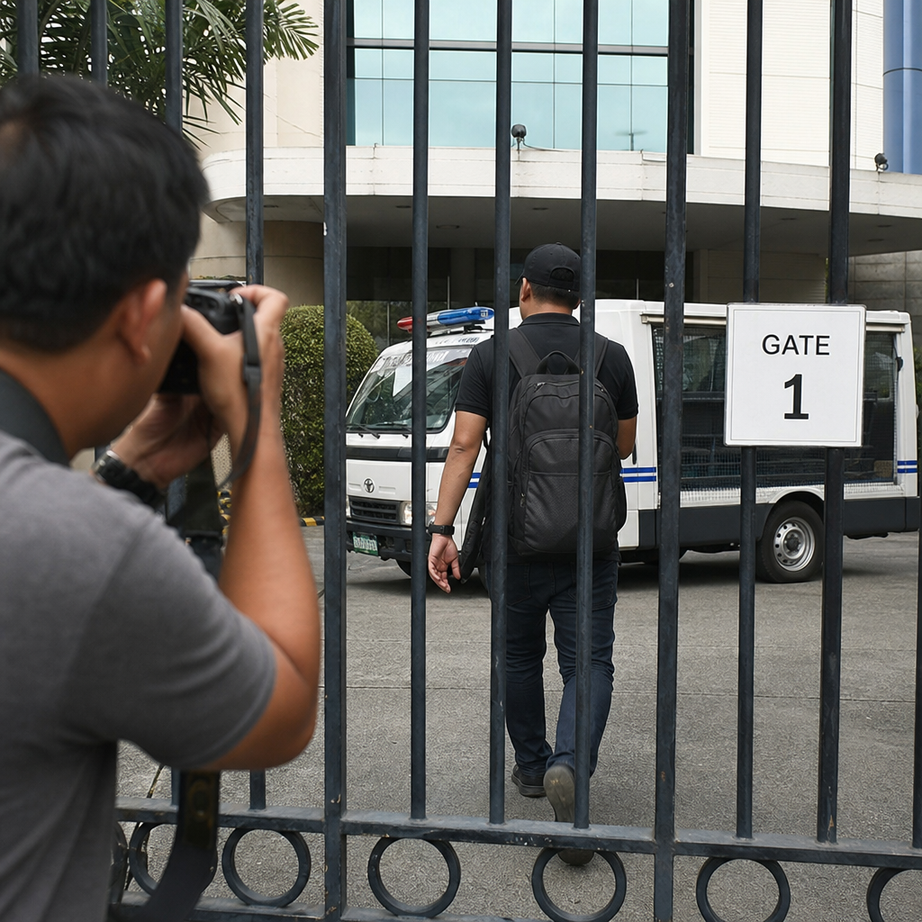 A man with a backpack walks through a gated entrance labeled "Gate 1" toward a police vehicle, while another person photographs the scene from outside the gate, capturing the atmosphere of accountability and celebration dominate discourse.