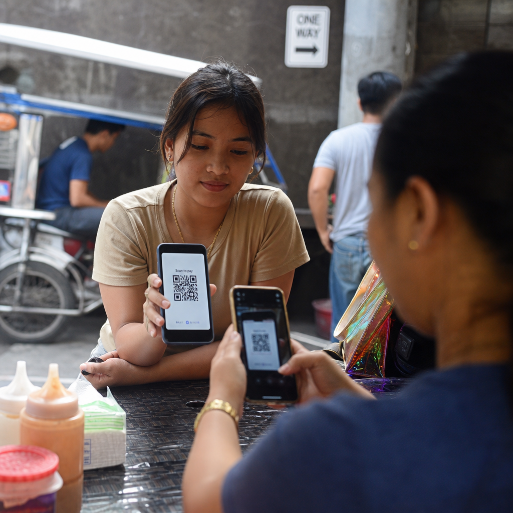 A woman at a street stall in the Philippines holds up her phone displaying a QR code for payment, while another person scans it with their own phone, illustrating Philippine telco talk splits between consumer frustration over outages and device issues, and optimism from government network upgrades and Globe’s GCash IPO news.