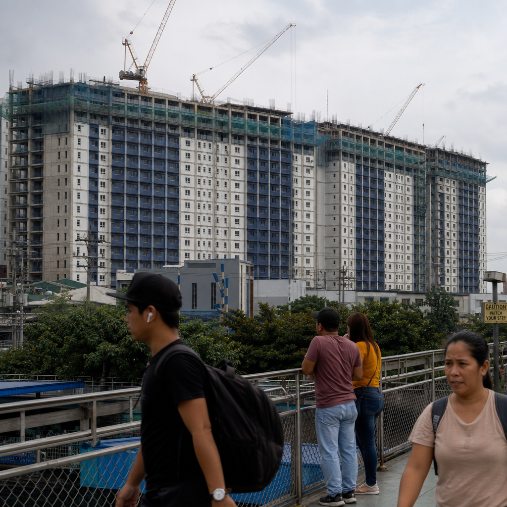 People walk past a large residential building under construction with cranes above, illustrating Philippine real estate talk driven by housing loan cost anxiety, mixed trust in government housing, developer expansion, and new infrastructure shaping growth.
