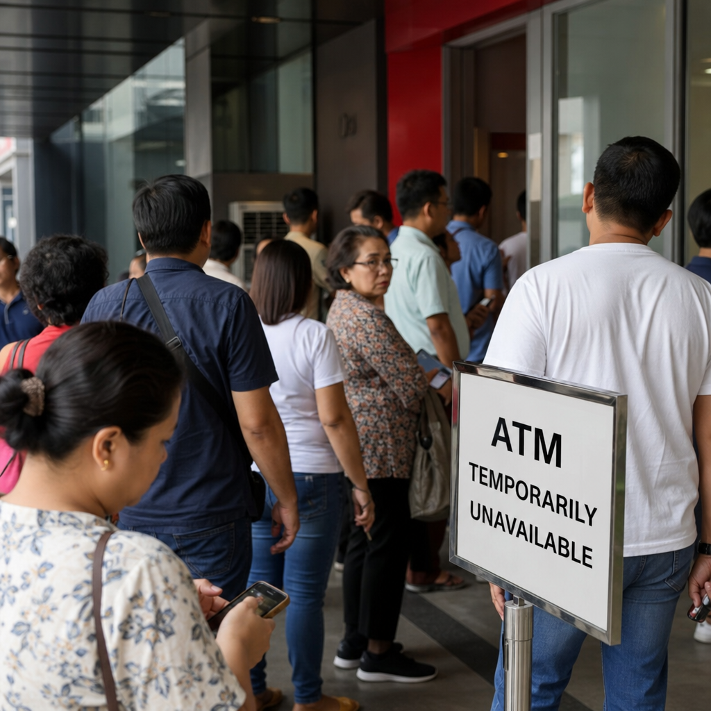People wait in a long line outside a bank, with a sign in the foreground reading "ATM temporarily unavailable," illustrating how a BPI outage sparks scrutiny as new rules and products reshape Philippine finance.