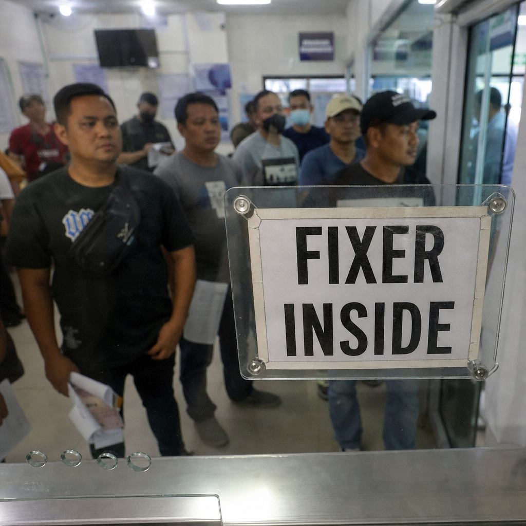 A group of people wait in line inside a government office, seen through a glass window with a sign that reads "FIXER INSIDE," illustrating public outrage over LTO corruption and fatal bus crashes.