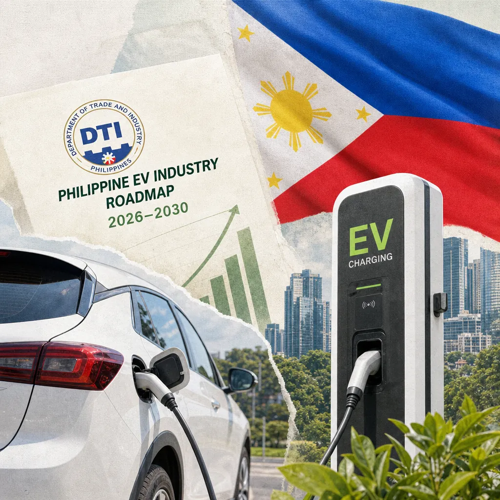 A collage showing an electric vehicle charging at an EV charging station on a city street, with the Philippine flag, a modern city skyline, and a document labeled "Philippine Automotive Industry Roadmap" in the background, illustrating a surge in EV launches signal a shift toward electrification.