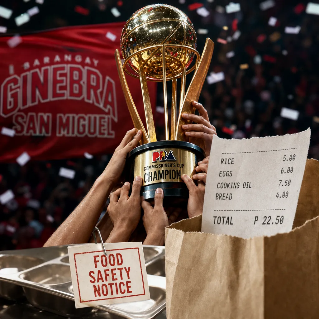 A collage showing Barangay Ginebra San Miguel basketball players celebrating their PBA win with a trophy in front of a cheering crowd, overlaid with an image of a food safety report labeled "Incident" and "90 cadets affected," illustrating how Ginebra’s PBA win sparks national joy, but food safety fears, rising prices, and inflation anxiety shape a complex Philippine social media landscape.