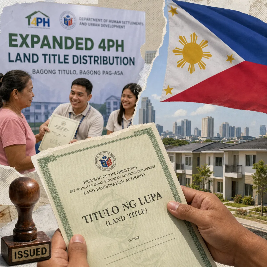 A hand holds a Philippine land title certificate in front of a small house, with a family looking at rows of homes and city buildings in the background, the Philippine flag, and a 4PH housing program logo, illustrating Philippine real estate on June 13, 2026.