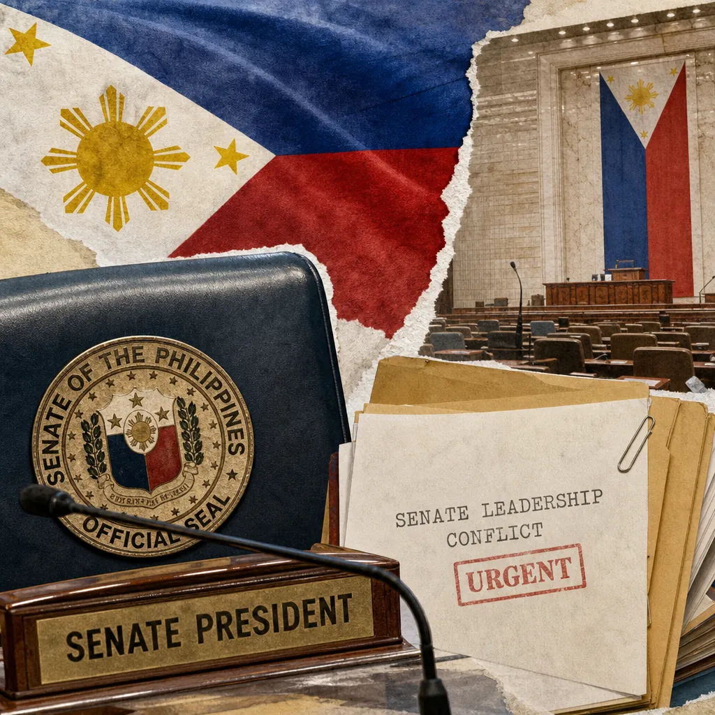 A collage showing the Philippine Senate chamber, the national flag, a Senate President nameplate, official seal, and urgent documents labeled "Senate leadership conflict," illustrating the Senate power struggle, Mindanao quake response, corruption scandal, and VP Duterte impeachment dominate, with public cynicism and skepticism at record highs.