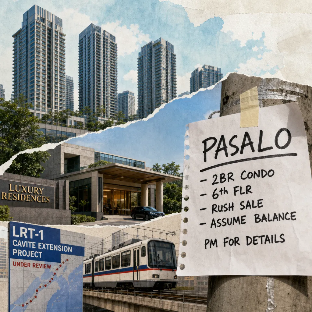 Collage showing tall luxury condominiums, a Manila LRT train with a sign about the Cavite extension under review, and documents labeled "Pasalo Listing" and "Secondary Market," illustrating Philippine real estate sees strong luxury sales, active secondary market, infrastructure controversy, and rising affordable housing, with sustainability gaining traction.