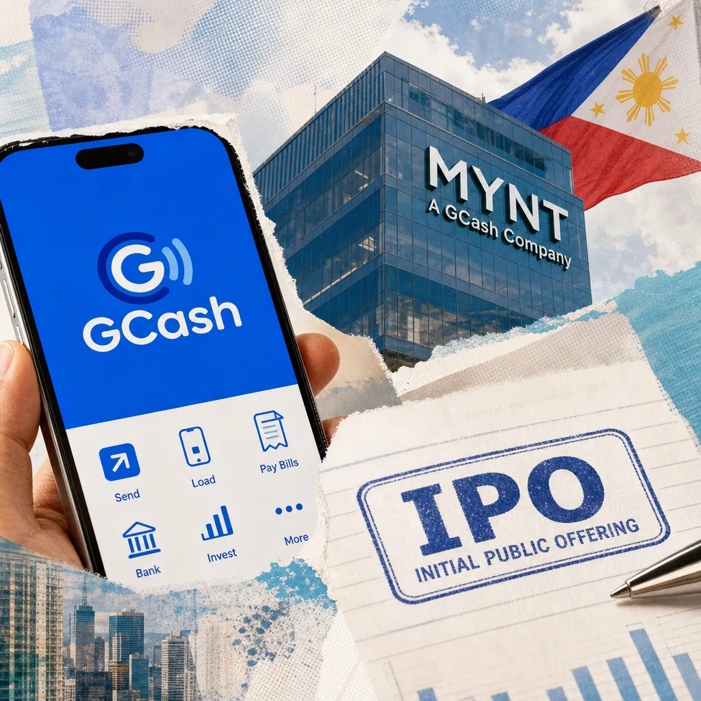 A smartphone displaying the GCash app screen is shown next to a folder labeled Mynt and a document stamped "Initial Public Offering Approved," with the Philippine flag and city skyscrapers in the background, illustrating GCash parent Mynt moves toward a record IPO.