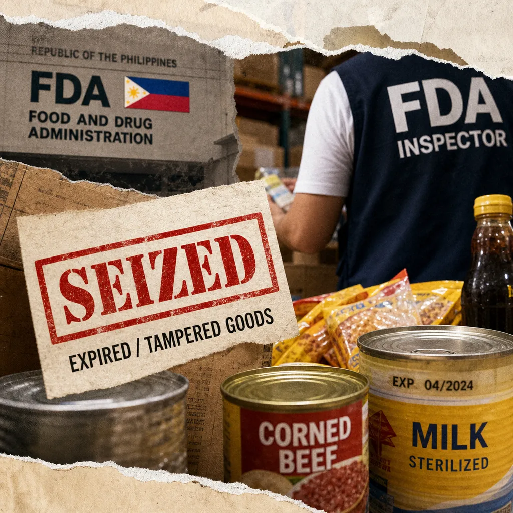 An FDA inspector stands in a warehouse with shelves of food products, including canned goods and packaged noodles, as a large sign reading "SEIZED: Expired / Tampered Goods" is displayed in front, highlighting food safety crises.