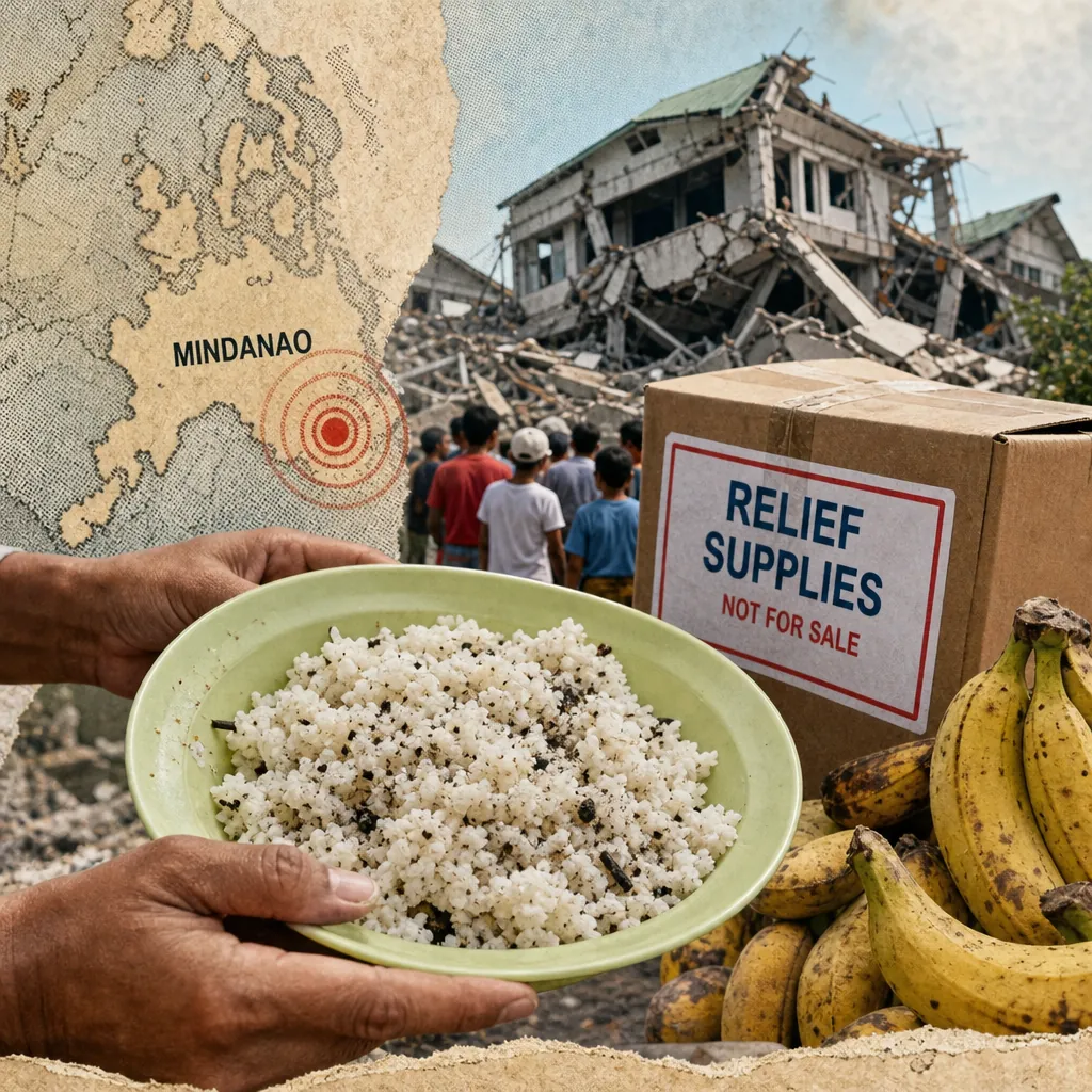 A collage showing earthquake relief in Mindanao, Philippines: a damaged building with people gathered in front, a map highlighting Mindanao, a box labeled "relief supplies," a plate of rice with visible impurities, and a bunch of bananas, illustrating earthquake relief, food quality concerns, rising chicken and rice prices, and fuel cost volatility.
