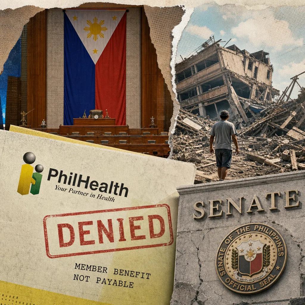 A collage showing the Philippine Senate hall with a large flag, a man walking through earthquake rubble, a PhilHealth document stamped "DENIED," and the Senate of the Philippines seal, representing Philippine social media erupts over earthquake response gaps, Senate paralysis, PhilHealth scandal, corruption, WPS tensions, and eroding public trust in 2026.