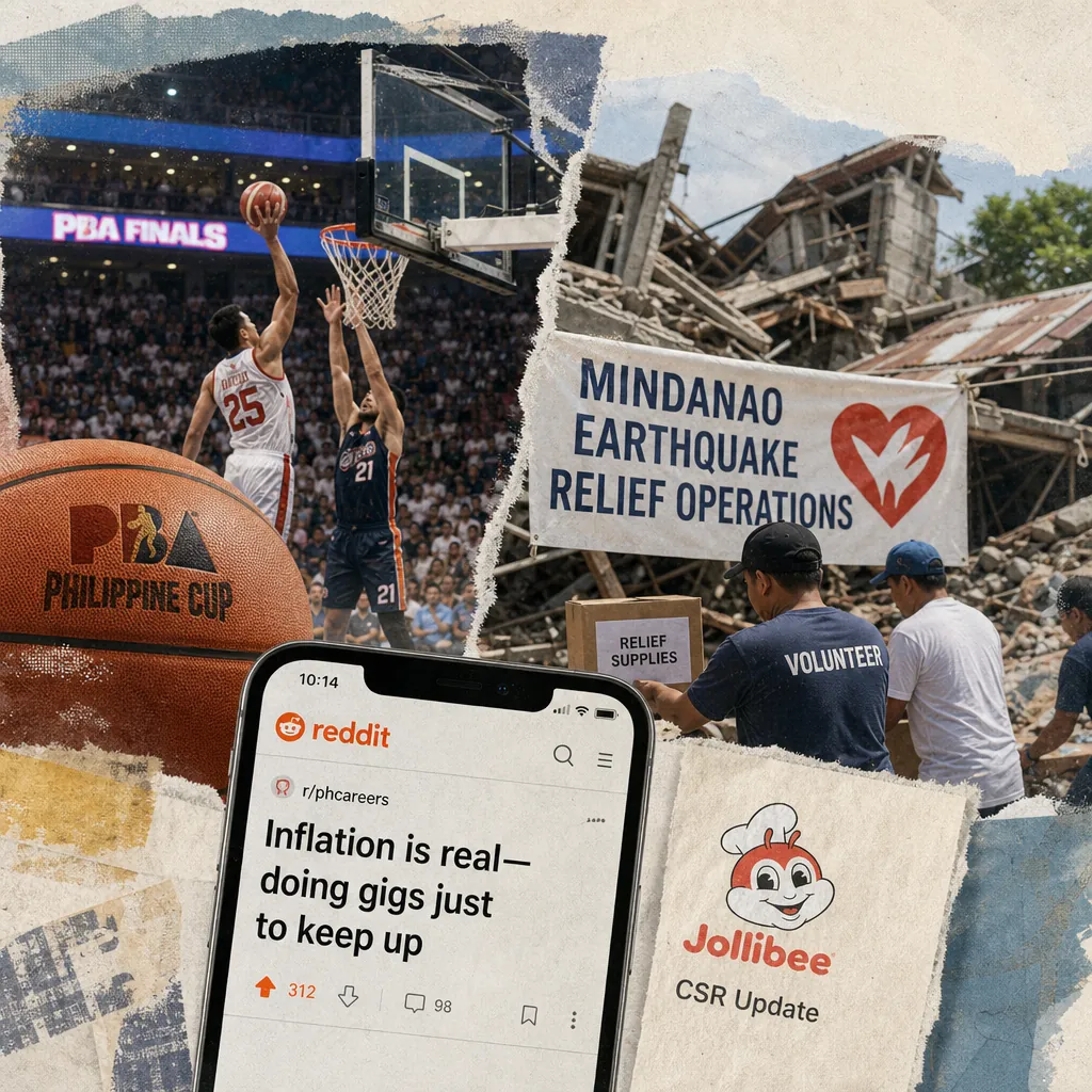 A collage showing a PBA Finals basketball game, earthquake relief volunteers in front of collapsed buildings with a "Mindanao Earthquake Relief Operations" banner, a Reddit post about inflation and gig work, and a Jollibee CSR Update, illustrating how earthquake aftershocks and PBA Finals dominated conversation; food brands were quiet, with only minor inflation and gig work signals seen on Reddit.