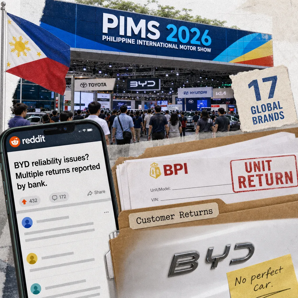 A collage showing the Philippine International Motor Show 2026 entrance with crowds, a BYD car with a "UNIT RETURN" label, a dealer report on unit returns, and a phone displaying a Reddit post about BYD reliability concerns, illustrating buyer trust issues, especially for BYD.