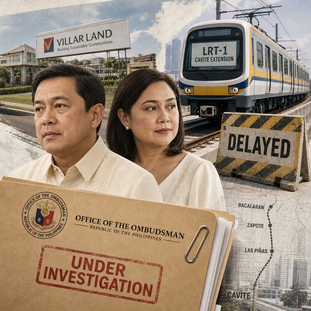 Two people in formal attire stand in front of a Villar Land sign, an LRT-1 Cavite Extension train with a "DELAYED" barrier, and a map, with a large folder labeled "Office of the Ombudsman Under Investigation," illustrating the Ombudsman probes Villar senators for allegedly blocking LRT-1 Cavite extension to benefit family land.