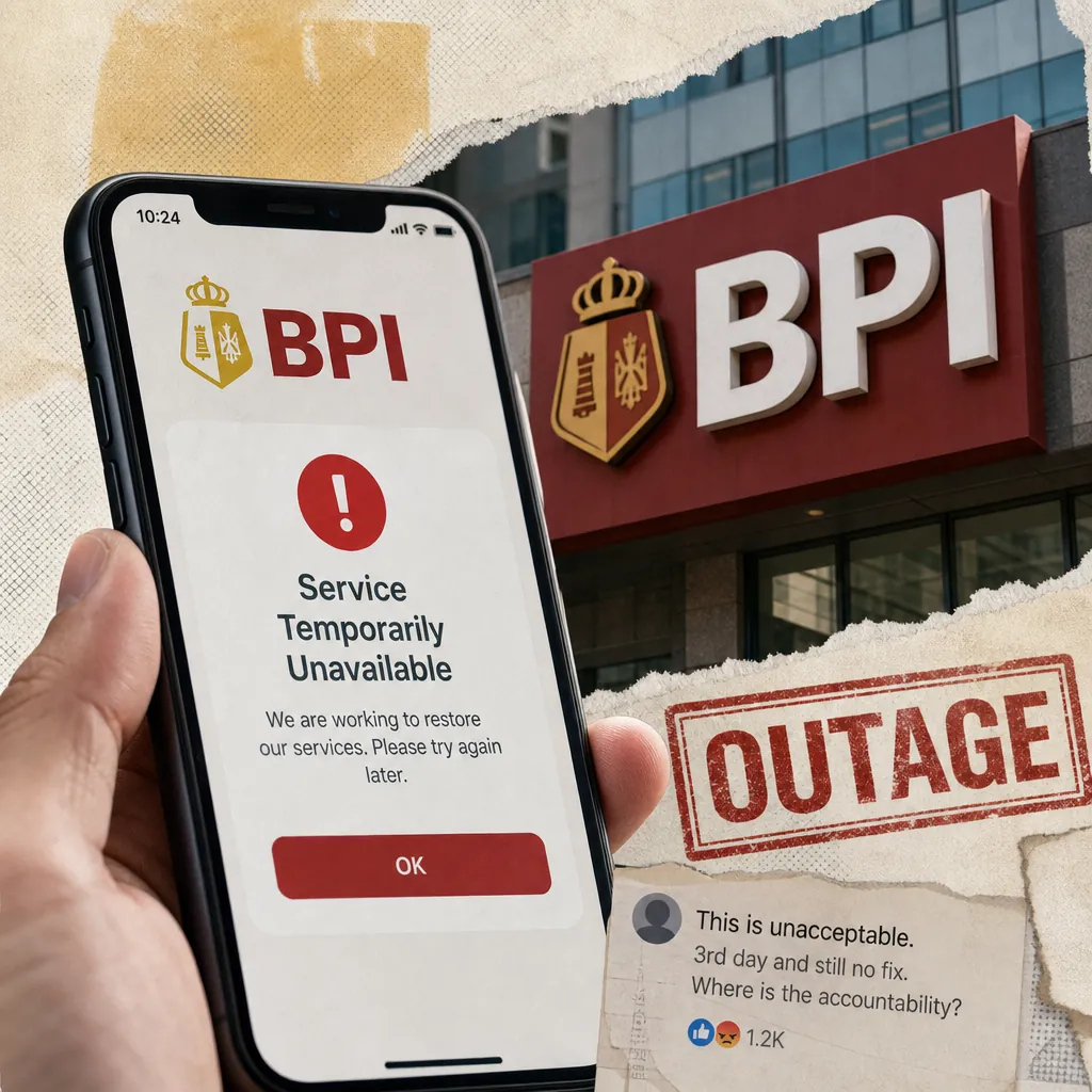 A hand holds a smartphone displaying a BPI app error message reading "Service Temporarily Unavailable" in front of a BPI bank branch, with torn paper overlays showing the word "OUTAGE" and a frustrated social media comment, illustrating BPI’s digital outage sparks customer outrage, calls for regulation, and drives users to diversify banks, highlighting trust and reliability issues in Philippine banking.