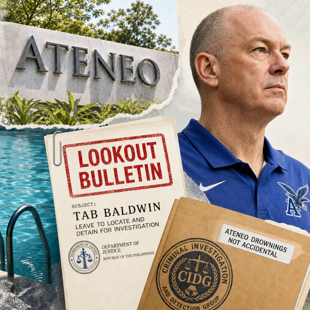 A collage showing the Ateneo campus sign, a swimming pool, a serious-looking man in an Ateneo shirt, a lookout bulletin for Tab Baldwin, and a criminal investigation folder labeled "Ateneo drownings not accidental," illustrating the social media split between grief and calls for justice in Ateneo drownings probe.