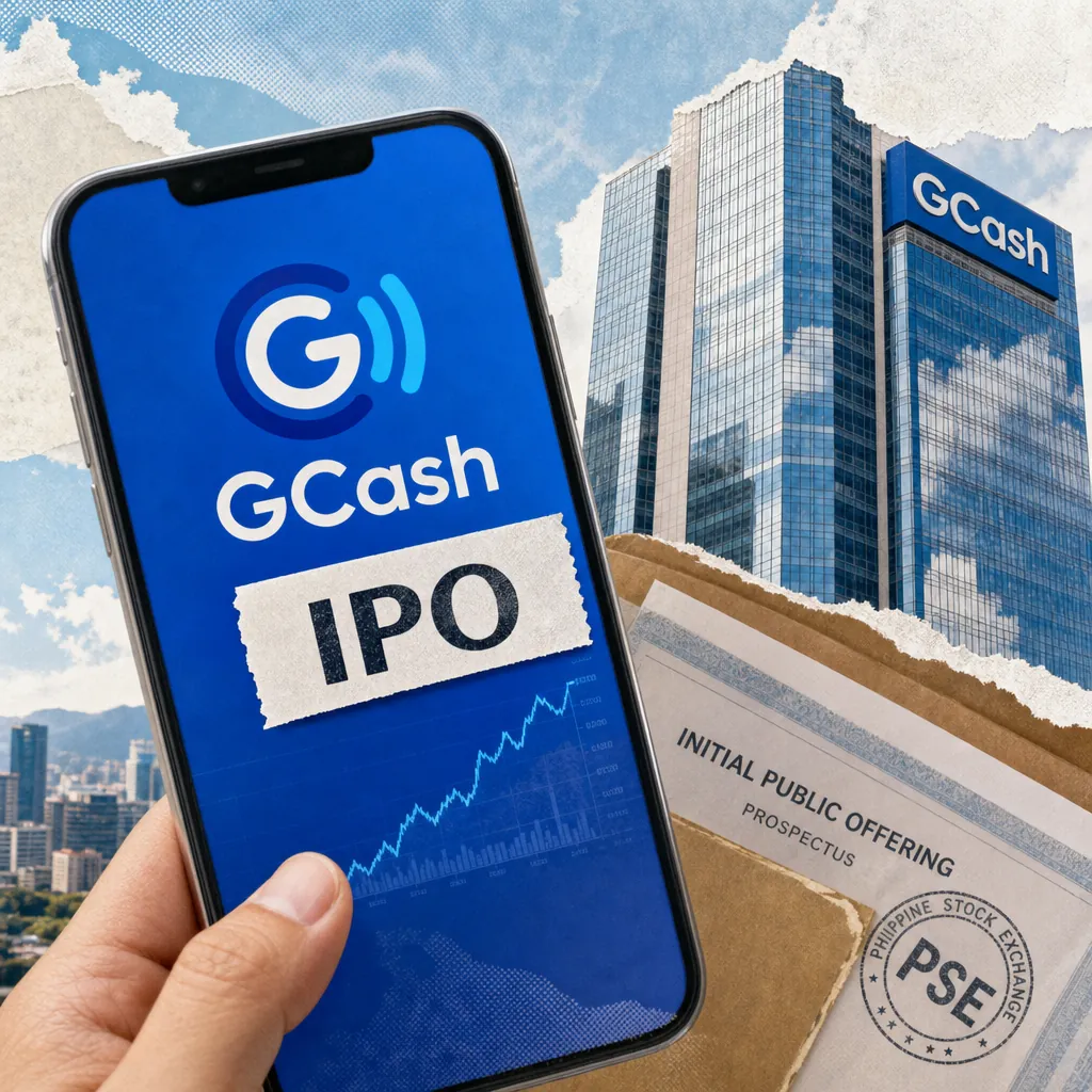 A hand holds a smartphone displaying the GCash logo and the word "IPO" with a rising stock chart, in front of a modern glass building labeled GCash and documents marked "Initial Public Offering" and "PSE," illustrating the keyphrase "GCash IPO headlines a maturing fintech sector."