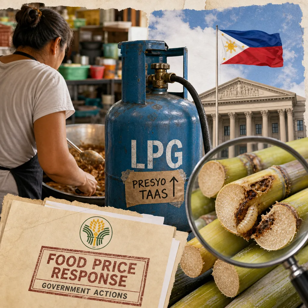 A collage showing a woman cooking beside a large LPG tank labeled "Presyo Taas," a magnified view of a pest inside sugarcane, the Philippine flag over a government building, and documents titled "Food Price Response Government Actions," illustrating how Philippine food prices stay high as LPG costs squeeze small eateries, sugar pest threatens supply, and government acts to support farmers.