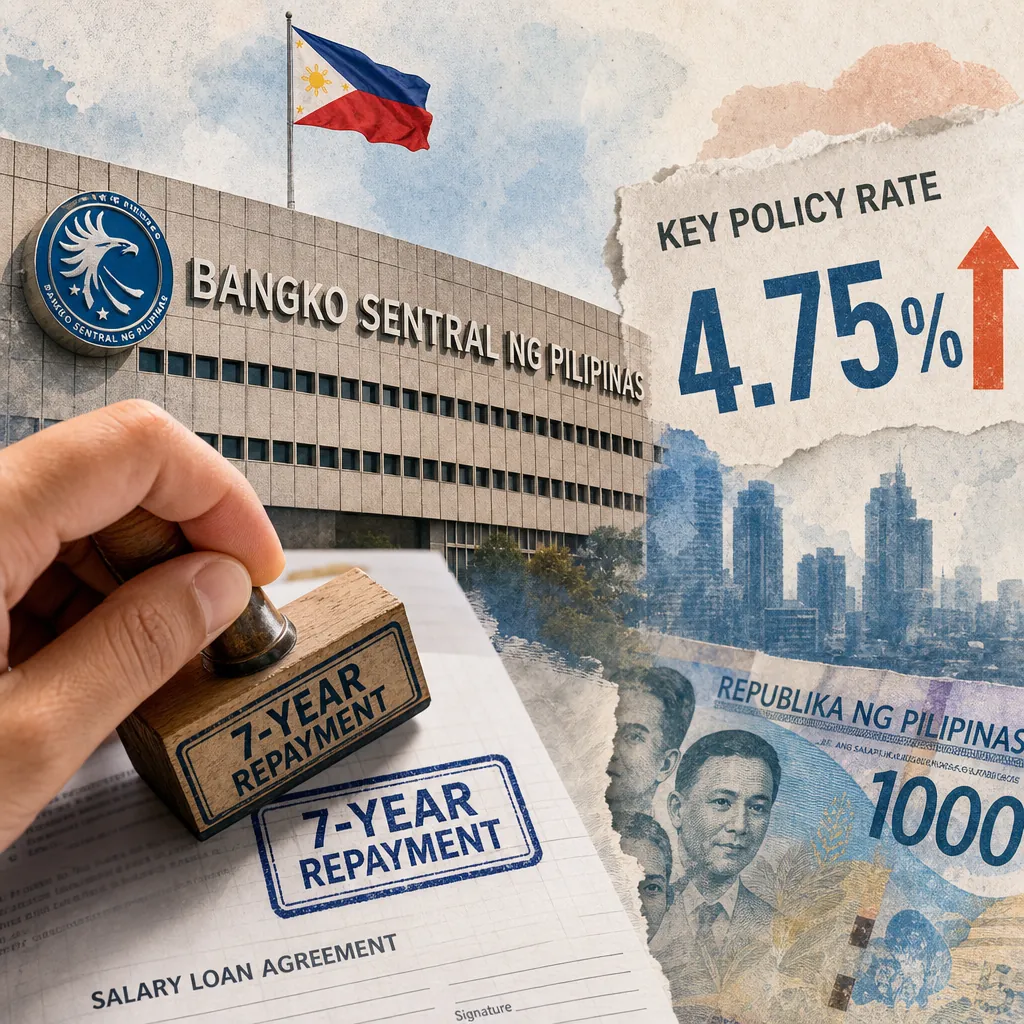 A collage showing the Bangko Sentral ng Pilipinas building with a Philippine flag, a hand stamping "7-year repayment" on a salary loan agreement, a torn paper displaying "key policy rate 4.75%" with an upward arrow, Philippine peso bills, and a city skyline, illustrating BSP raises rates to 4.75% amid inflation concerns.