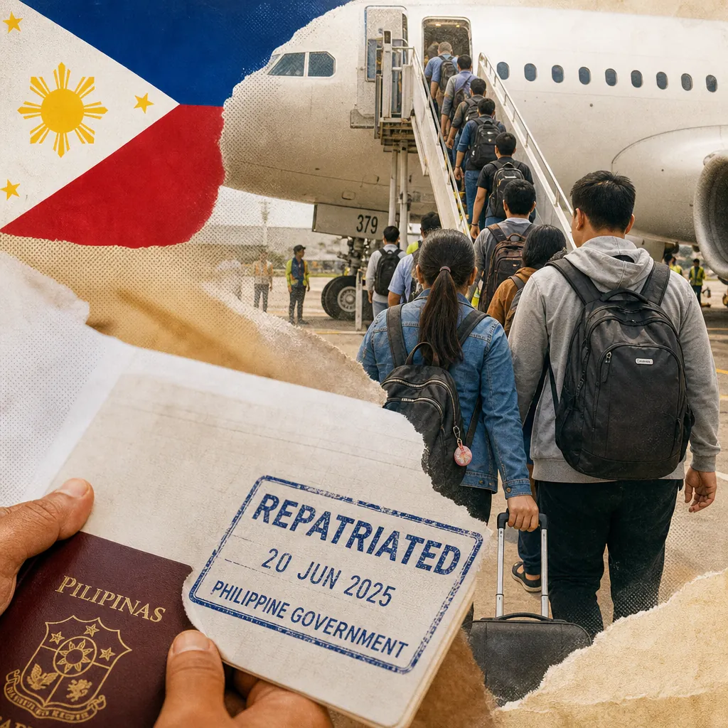 A group of people with luggage walk toward a plane labeled "Philippines," while in the foreground, a woman warmly embraces a returning traveler; the background features the Philippine flag, an immigration arrival stamp, and a notice about "OFW repatriation from Russia."
