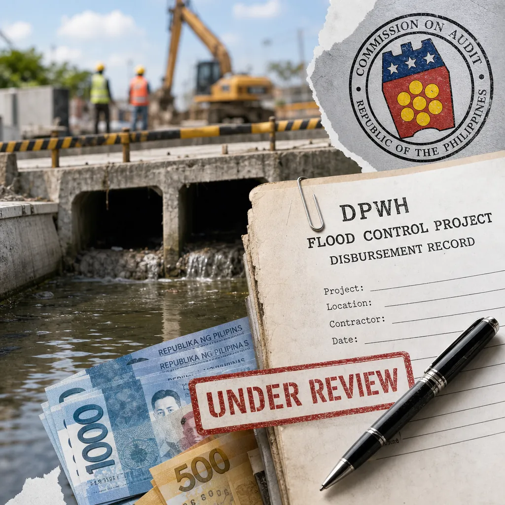 A collage showing a drainage construction site with workers and an excavator, Philippine peso bills, a DPWH flood control project disbursement record marked "under review," and the seal of the Commission on Audit, illustrating Philippine real estate talk on June 10, 2026, centered on flood control corruption.