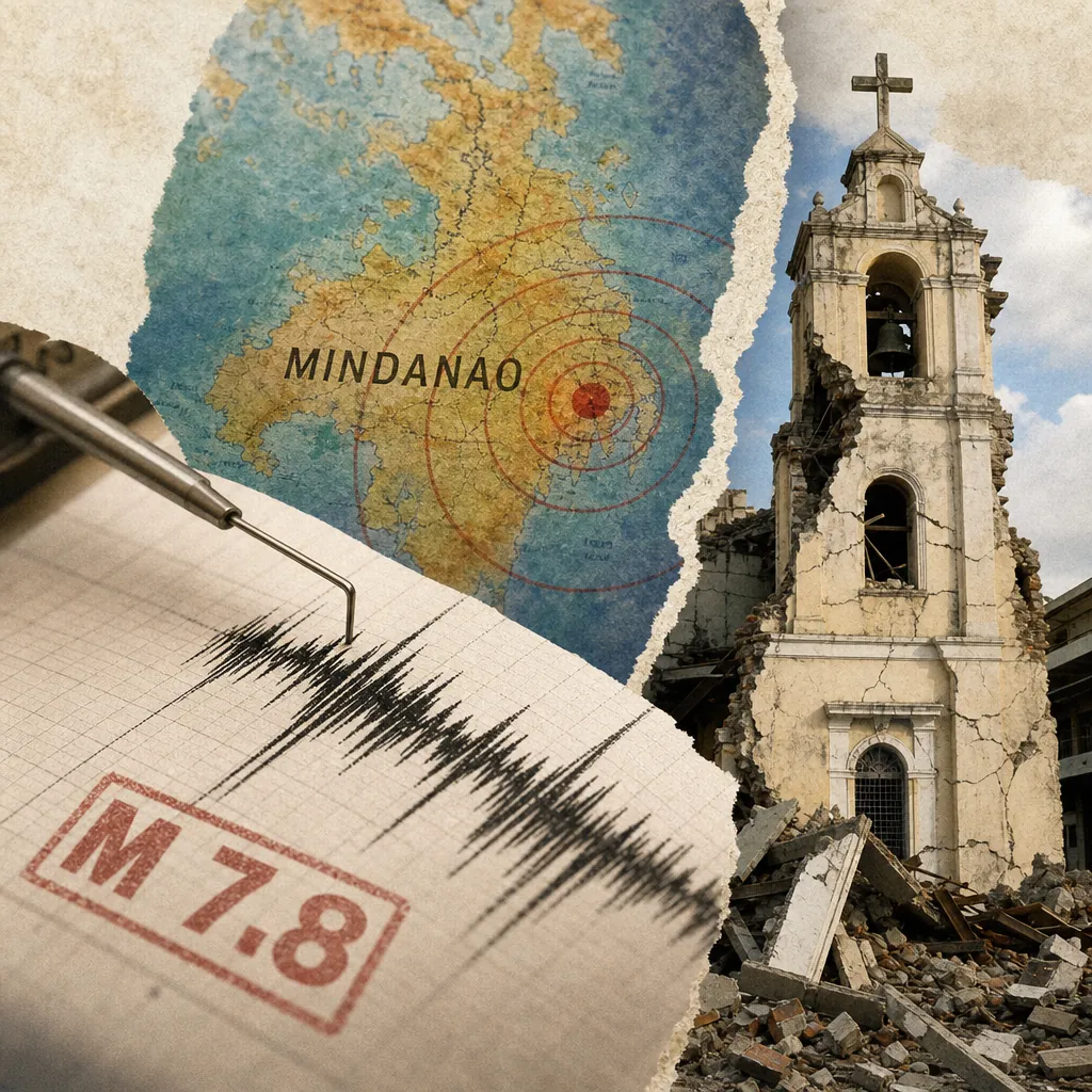 A collage showing a seismograph reading with "M 7.8," a map of Mindanao with earthquake epicenter rings, and a damaged church tower surrounded by rubble, illustrating the Mindanao earthquake as a key signal from the meta description.