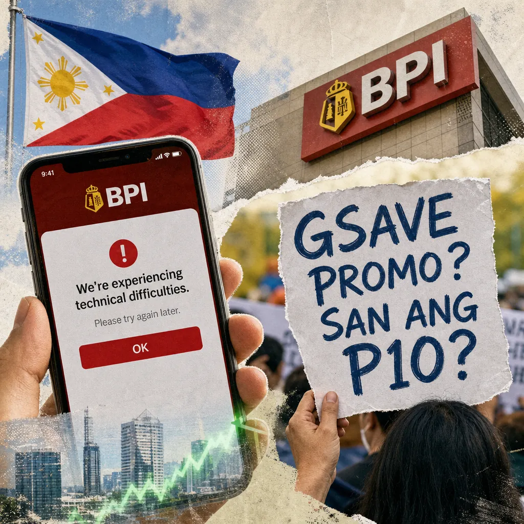 A hand holds a smartphone displaying a BPI service disruption error, with a city skyline, Philippine flag, and a rising financial graph in the background, illustrating BPI outage and GCash promo backlash spark frustration.
