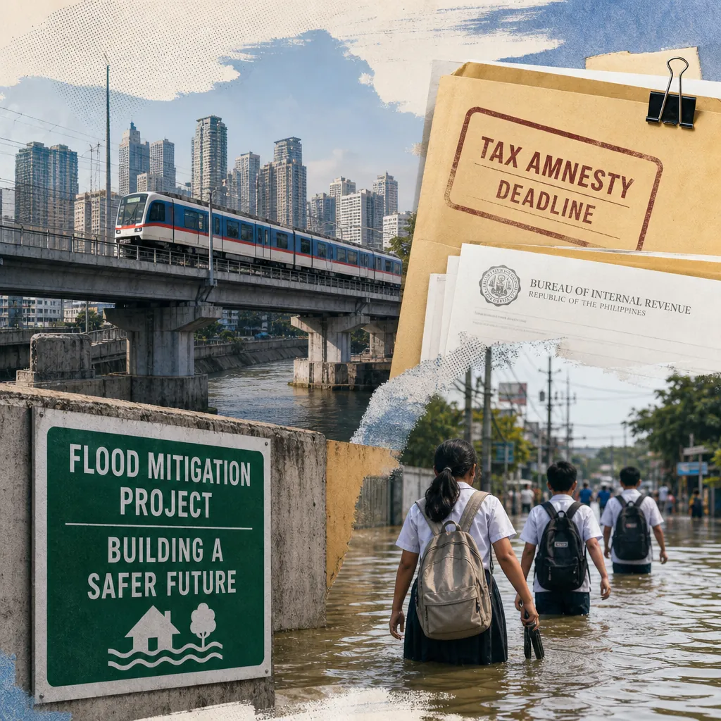 A collage showing a city train passing over a river with high-rise buildings in the background, a folder labeled "Tax Amnesty Deadline" with Bureau of Internal Revenue documents, a sign for a flood mitigation project, and students wading through a flooded street, representing Philippine property news: Gov’t boosts flood control, tax amnesty, HOA engagement, and New Clark City growth; safety, infrastructure, and investment in focus.