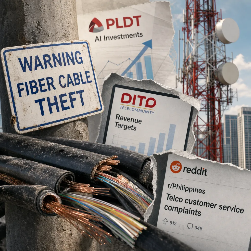A collage showing a warning sign for fiber cable theft, cut fiber optic cables, a telecom tower, and torn paper graphics with PLDT AI investments, DITO revenue targets, and a Reddit post about telco customer service complaints, illustrating Philippine telcos face a divide: bold growth and AI plans clash with user frustration over poor service, missing features, cable theft, and a high-profile investigation.