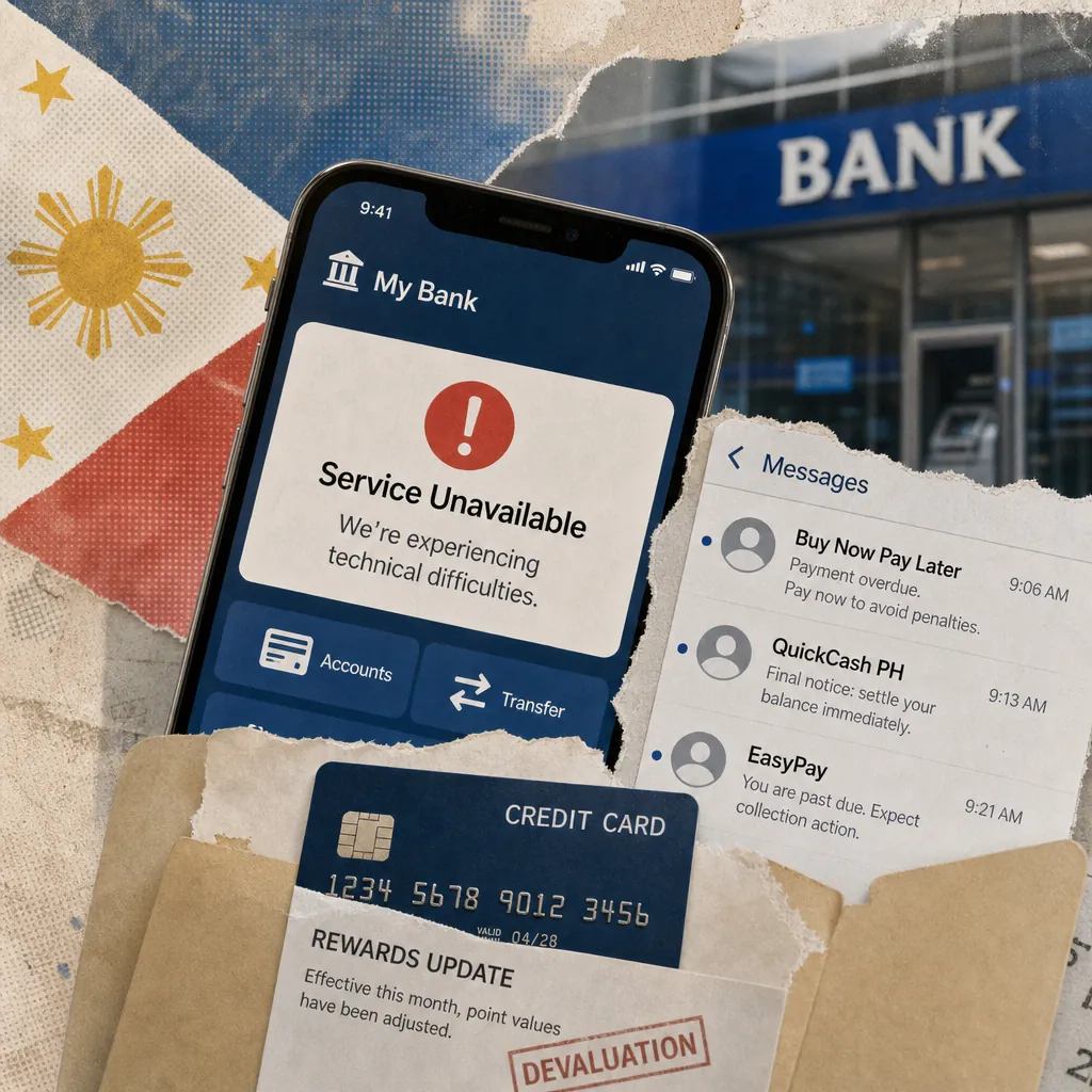 A collage showing a smartphone with a "Service Unavailable" banking app error, overdue payment messages, a credit card, a devaluation notice, and the Philippine flag, illustrating Philippine bank and fintech users voice rising distrust over rewards cuts, failed transfers, debt collection, and security breaches.
